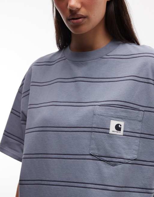 Carhartt WIP - Bert - Blå og multifarvet T-shirt med lomme og striber, 3 af 4