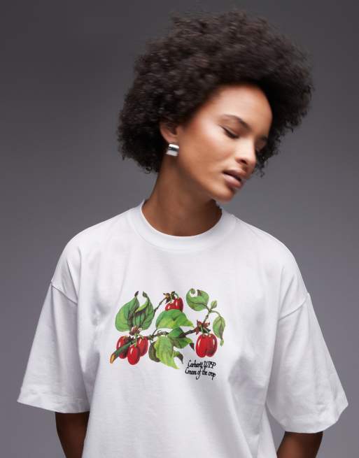 Carhartt WIP – Biały krótki T-shirt z krótkimi rękawami i nadrukiem z napisem „Cream of the Crop”