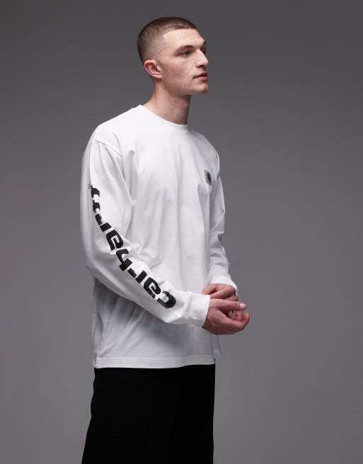 Carhartt WIP – Biały T-shirt oversize z długimi rękawami i nadrukiem na plecach i rękawach