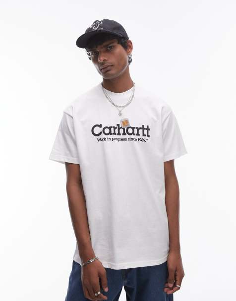 Carhartt WIP – Biały T-shirt z krótkim rękawem i napisem z naszywką - view 1