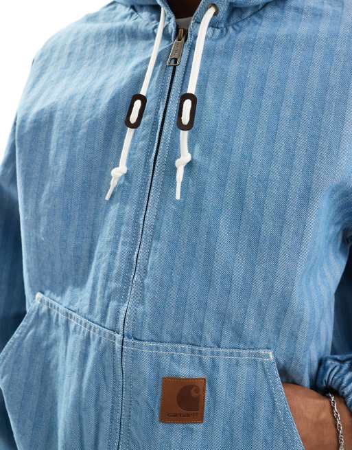 Carhartt WIP - Blå denimjakke med hætte og gennemfående lynlås, 2 af 4