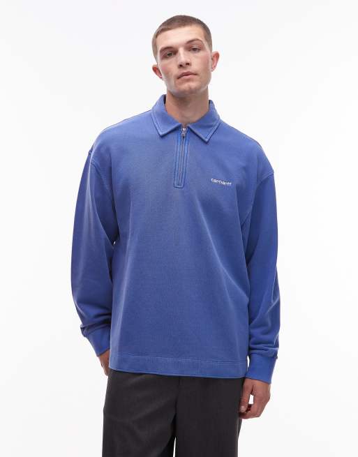 Carhartt WIP - Blå sweatshirt med halv lynlås og logo i piqué