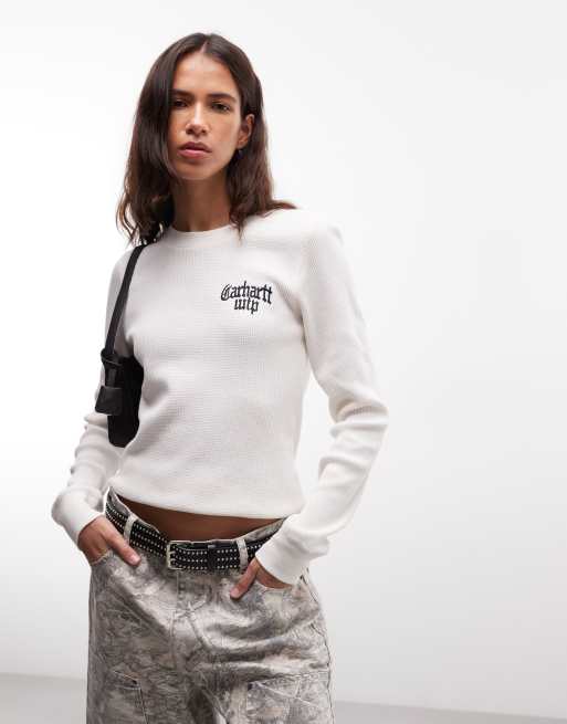 Carhartt WIP Blackletter logga waffle långärmad t-shirt i off white, 3 av 4