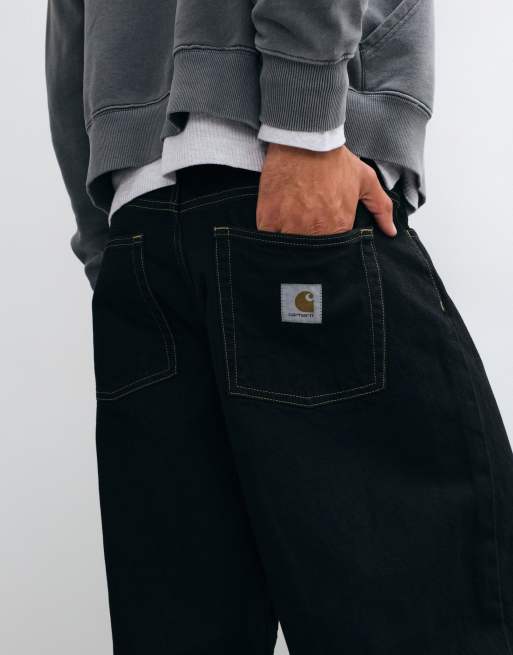 Carhartt WIP Brandon baggy loose straight fit denim jeans in black with constrast stitching, 2 of 5