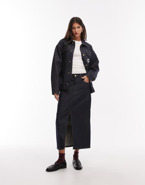 Carhartt WIP – Brandon – Ciemnoniebieska sprana spódnica jeansowa midi - view 1