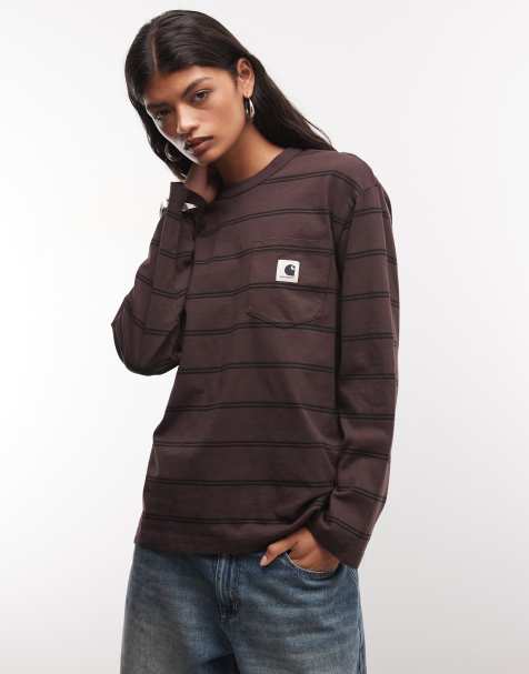 Carhartt WIP Cardona Pocket T-shirt z długim rękawem w ciemnobrązowe paski - view 1