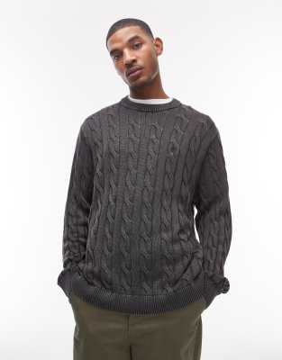 WIP - Carter - Strickpullover in verwaschenem Schwarz mit Zopfmuster Schwarz M