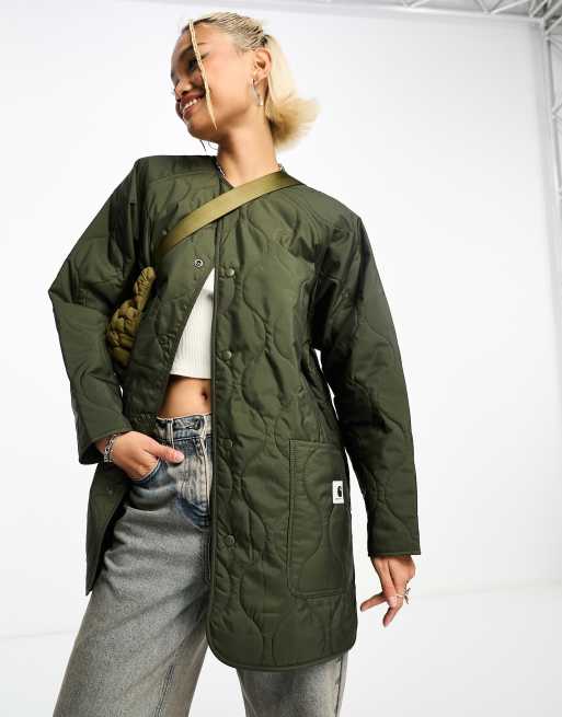 Carhartt WIP – Charleston – Zielona długa pikowana kurtka z podszewką