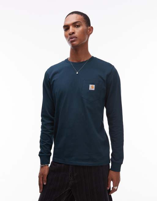 Carhartt WIP – Ciemnozielony T-shirt z długimi rękawami i kieszenią