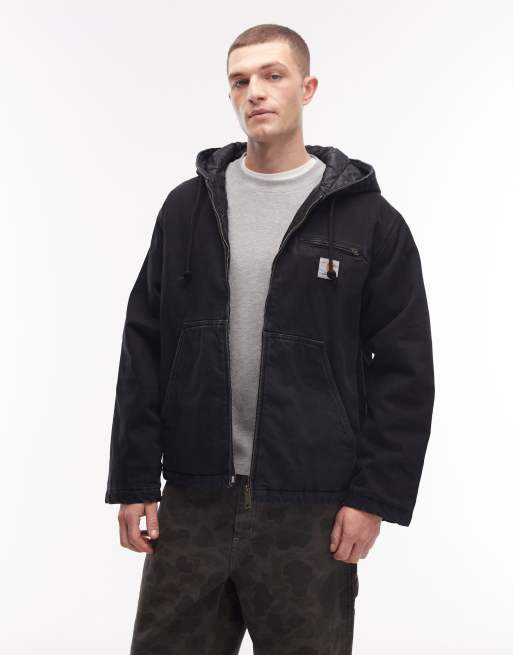 Carhartt WIP - Cleveland - Sort oversized denimjakke i stonewash med hætte og vatteret for