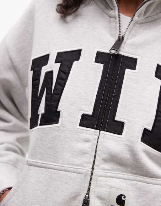 Carhartt WIP collegiate WIP zip through funnel neck jersey jacket in ash heather, 3 of 4