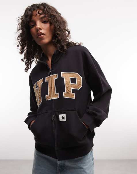 Carhartt WIP collegiate WIP zip through funnel neck jersey jacket in black - view 1