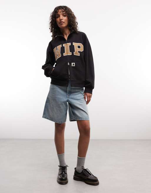 Carhartt WIP collegiate WIP zip through funnel neck jersey jacket in black, 2 of 4
