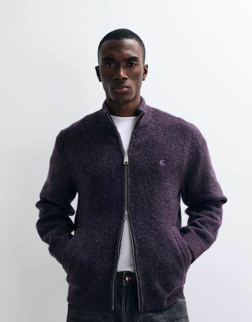 Carhartt WIP Curtis knitted zip through jacket in shady purple, 3 of 5