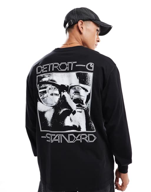 Carhartt WIP – Czarny T-shirt z długimi rękawami i napisem „Detroit”