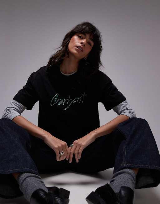 Carhartt WIP – Czarny T-shirt z krótkimi rękawami i napisem z efektem stopienia 