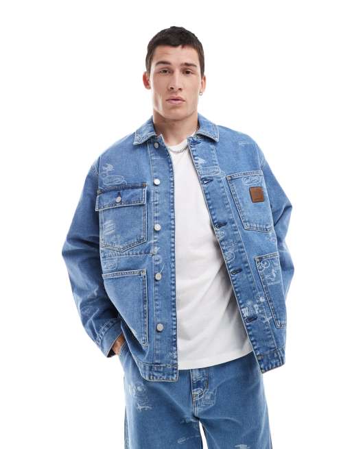 Carhartt WIP - Denim jack met stempelprint en zak in blauw