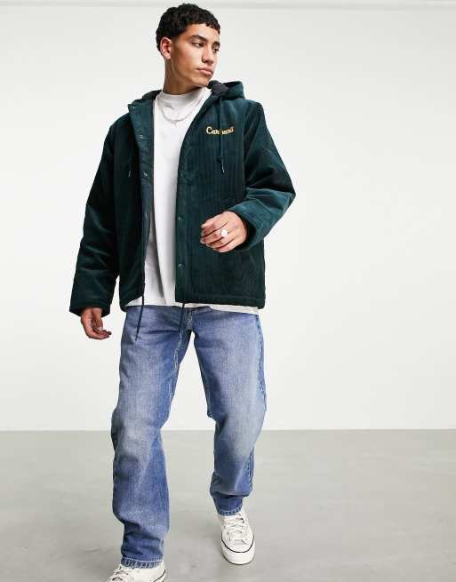 Carhartt WIP dennis cord hooded coach jacket in green | ASOS