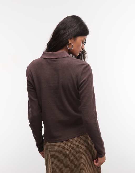 Carhartt WIP Dora long sleeve polo in dark brown, 4 of 4