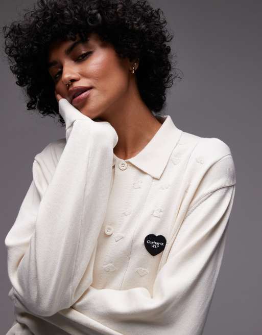 Carhartt WIP Drewe knit cardigan with heart logo in white, 2 of 4