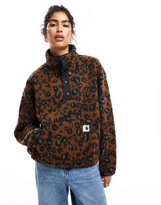 Carhartt WIP – Elliot – Brązowa kurtka ze sztucznego kożuszka w panterkę z suwakiem pod szyją 