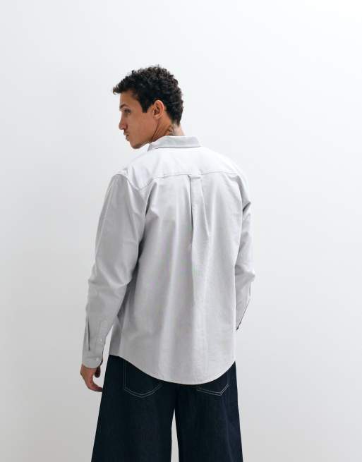 Carhartt WIP - Grå Oxford-skjorte med lange ærmer og logo, 5 af 5