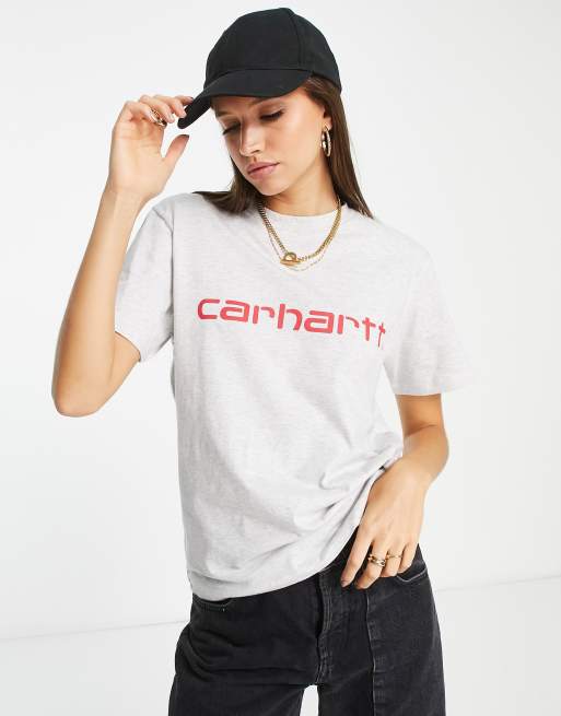 Carhartt WIP – Grå t-shirt i oversize med röd, broderad logga framtill