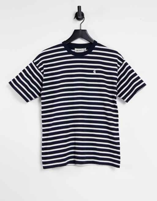 Carhartt WIP – Granatowy T-shirt o luźnym kroju w paski