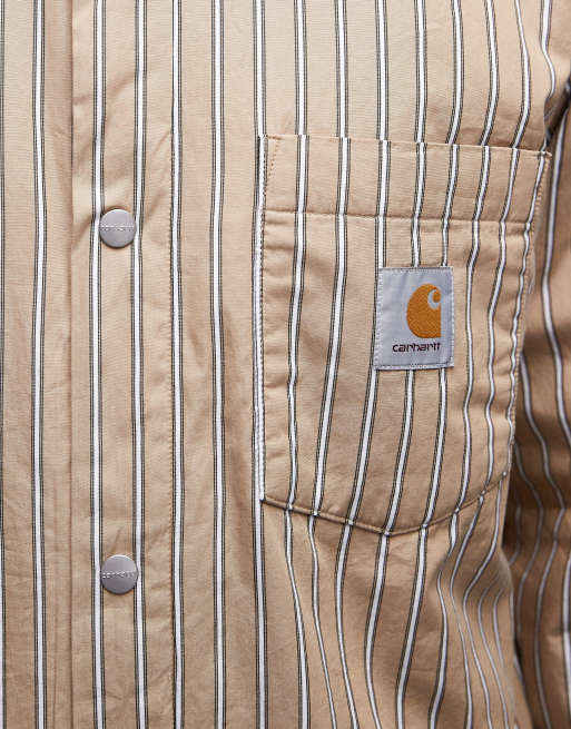 Carhartt WIP grimsby loose fit quilted shirt jacket in beige stripe, 5 of 5