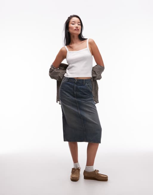 Carhartt WIP – Jeansowa spódnica midi ze wstawkami na kolanach w niebieskim kolorze w stylu vintage