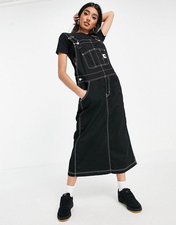  Duża Obniżka Carhartt WIP – Jeansowa sukienka midi na szelkach z kontrastowymi szwami Czerń z efektem sprania