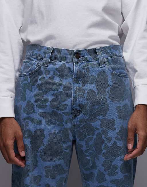 Carhartt WIP landon loose tapered denim jeans in blue camo, 4 of 5