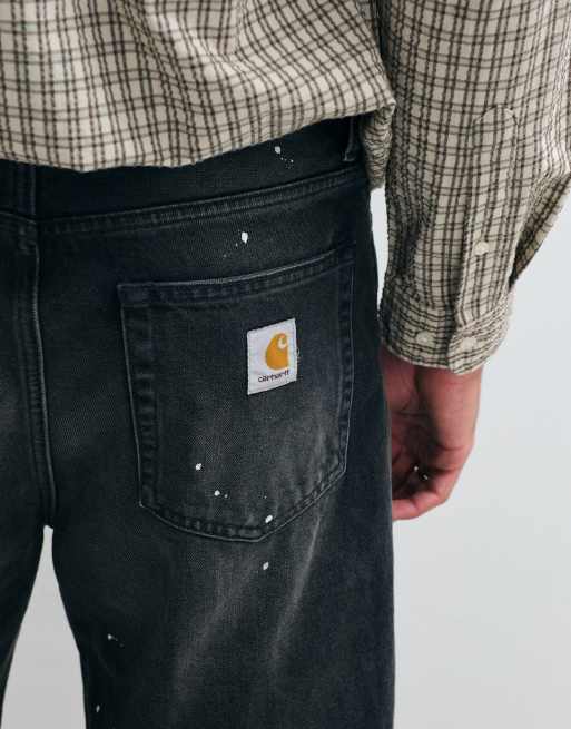 Carhartt WIP Landon løse tapered-fit denimshorts med malingssprøjt-effekt i destroy black wash, 2 af 5