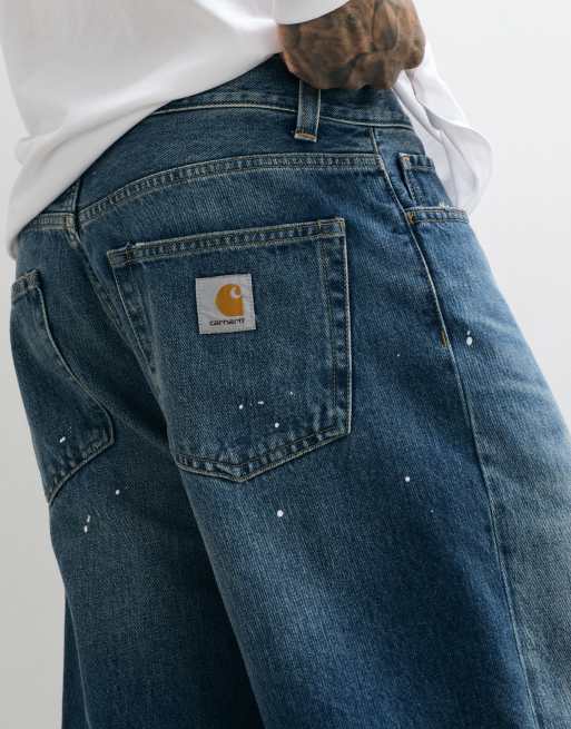 Carhartt WIP Landon shorts vaqueros de corte tapered holgado en lavado azul con efecto salpicado de pintura, 4 de 5