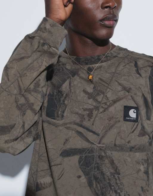 Carhartt WIP logo long sleeve t-shirt in khaki camo tree print, 3 of 5