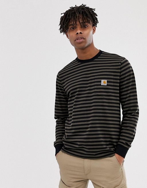 Carhartt WIP long sleeve Haldon pocket stripe t-shirt in black/khaki
