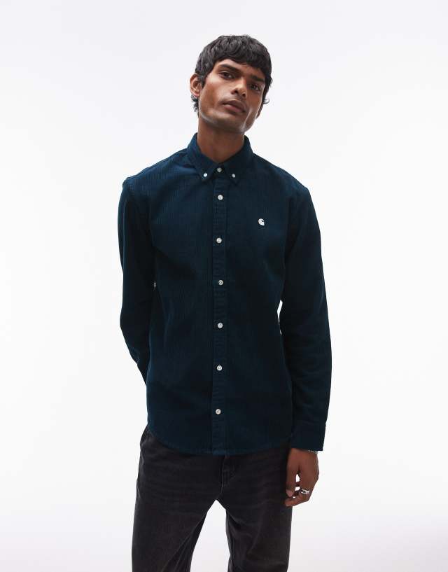 Carhartt WIP long sleeve madison cord shirt in teal | ASOS