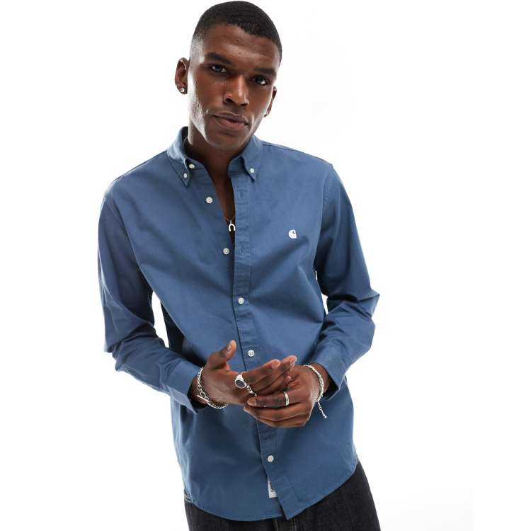 MADISON BLUE ビー刺繍　ライトオックスフォードシャツ　ネイビー Carhartt WIP long sleeve madison shirt in blue | ASOS