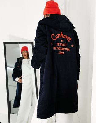 Carhartt WIP longline quilted corduroy parka coat with back graphic