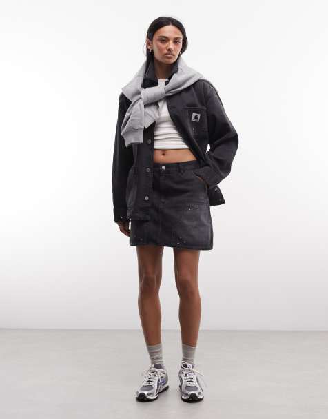 Carhartt WIP - Maeve - Denim-mininederdel i sort vask med dobbeltlag på knæene og malerstænk - Del af sæt - view 1