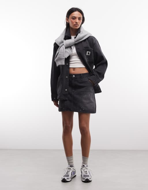 Carhartt WIP paint splatter OG Michigan denim jacket and maeve double knee mini skirt set in black wash, 3 of 3