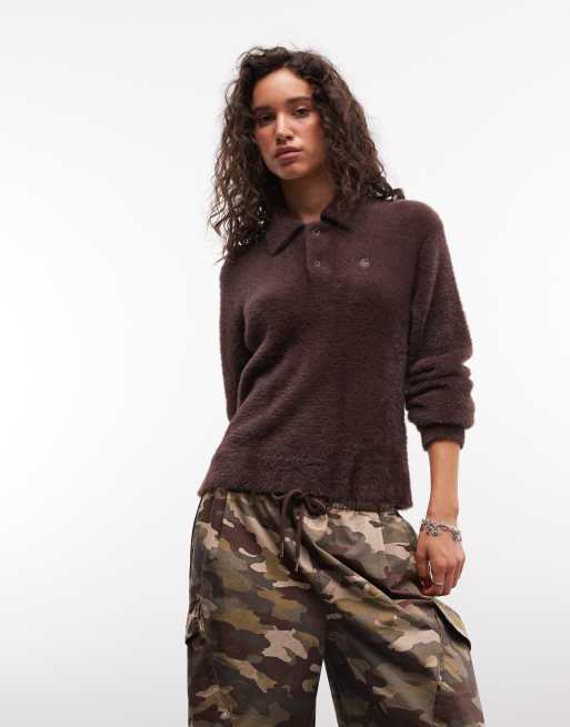 Carhartt WIP Maine long sleeve polo in dark brown, 3 of 4