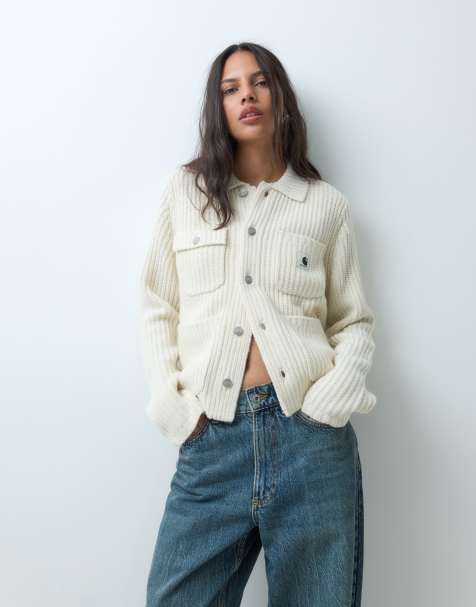 Carhartt WIP – Michigan – Beige, stickad kofta med krage - view 1