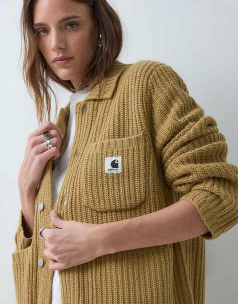 Carhartt WIP Michigan cardigan med strikket krave i støvet Hamilton-brun - view 1