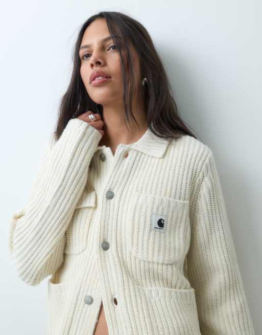 Carhartt WIP Michigan knitted collar cardigan in natural, 3 of 5