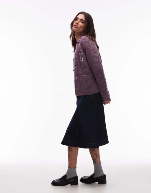 Carhartt WIP michigan knitted collar cardigan in purple, 2 of 4