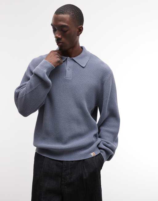 Carhartt WIP miles long sleeve knitted polo shirt in blue, 3 of 5