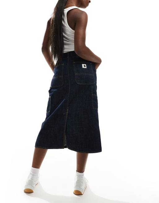 Carhartt WIP - Mørkeblå midinederdel med enkelt knæ i denim, 3 af 5