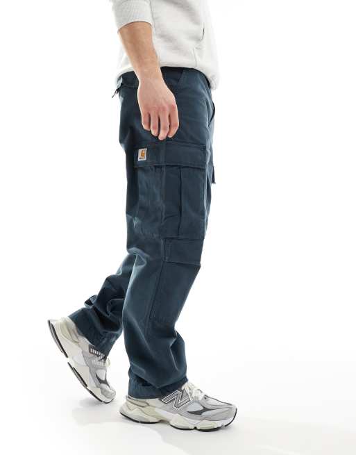Carhartt WIP – Niebieskie spodnie bojówki o regularnym kroju