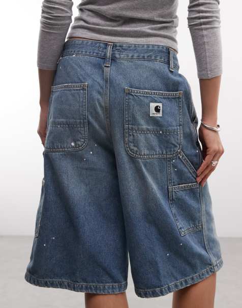 Carhartt WIP Nixon relaxed-fit denim shorts met dubbele knieën en verfspettereffect in blauwe destroyed wassing - view 1